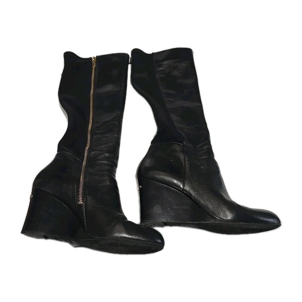 Michael Kors Black Leather Side Zip Wedge Knee High Boots Womans Size 7.5M